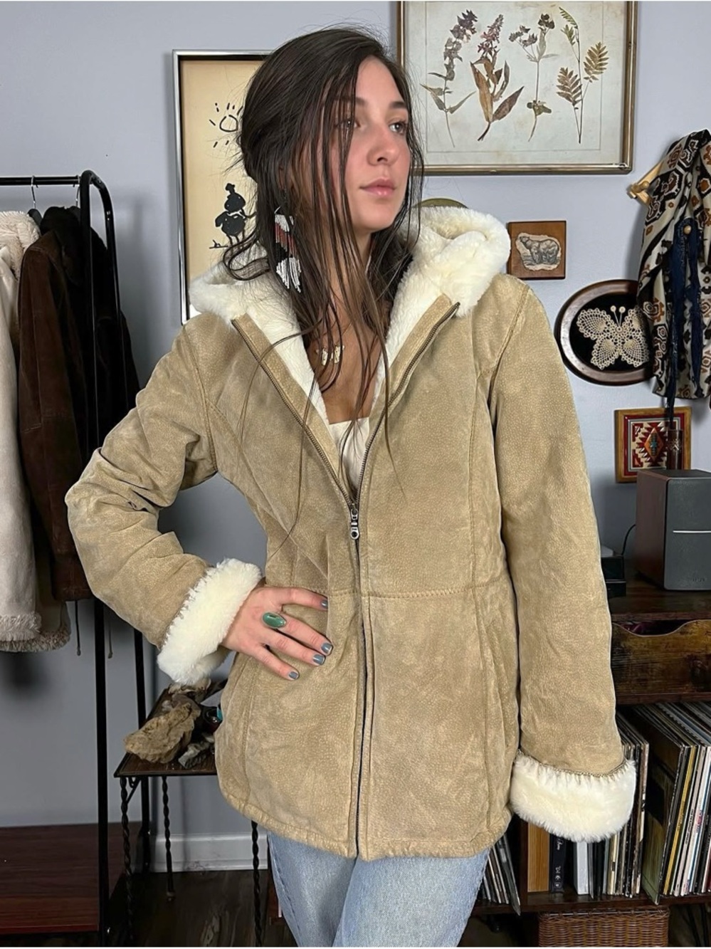 Sonoma Goods for Life tan suede hooded jacket with faux fur lining